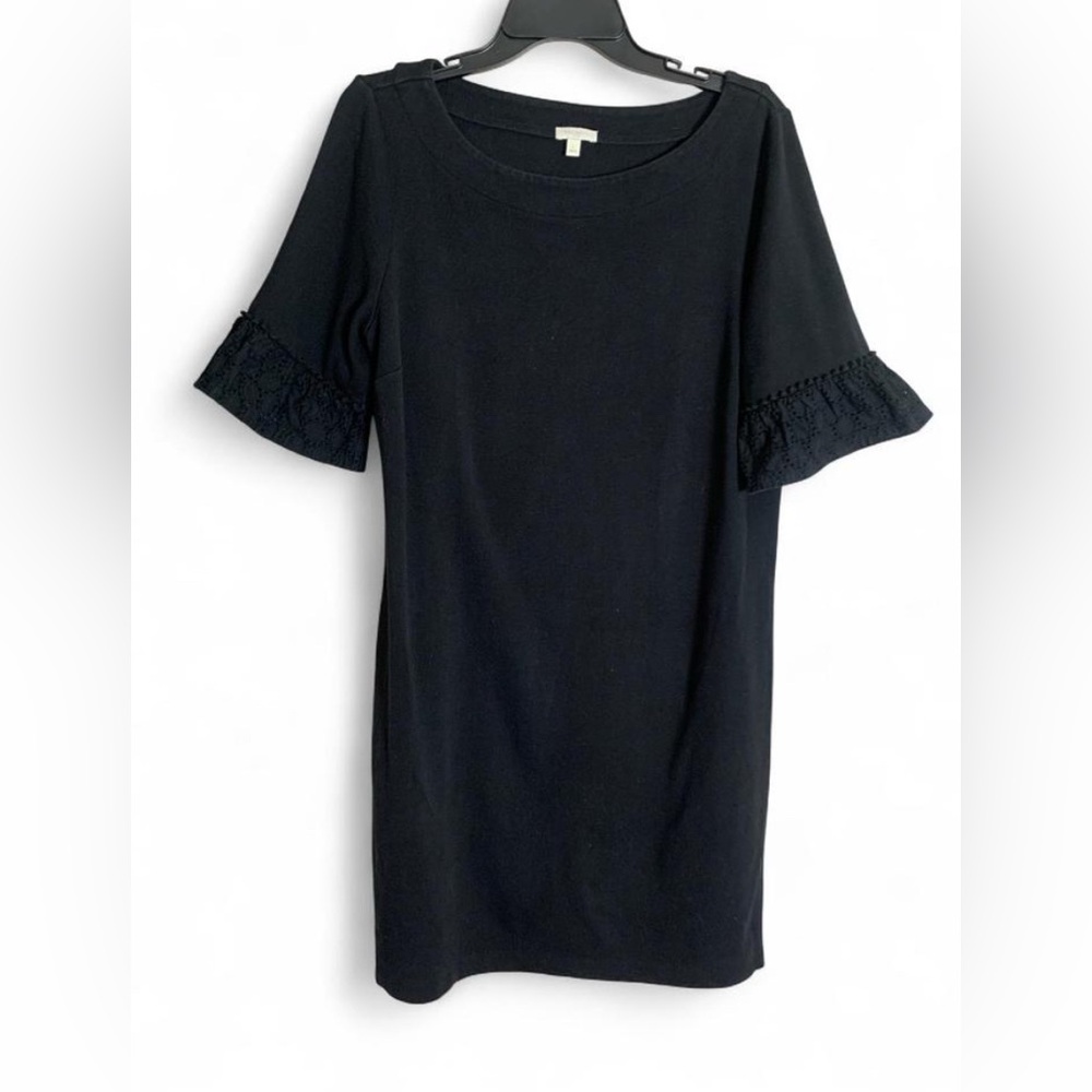 TALBOTS Black 100% Cotton Shift Dress - Eyelet Ruffle Sleeve - Large EUC